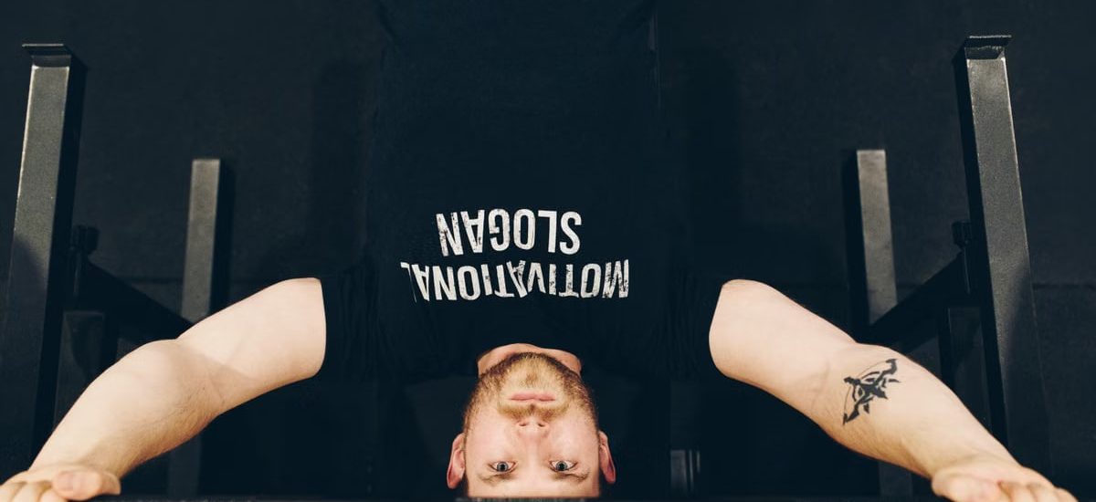 Bearded sportsman in t shirt with inscription exercising with weight while looking at camera